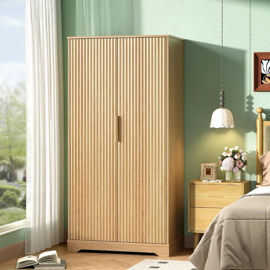Light wood-tone two-door fluted wardrobe in bedroom
