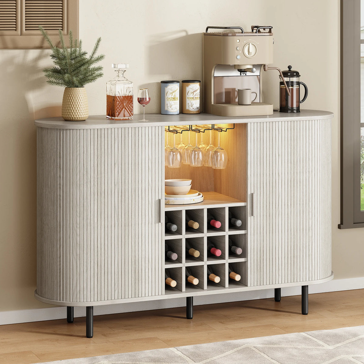 Aswan White rounded fluted wine bar sideboard with raised legs