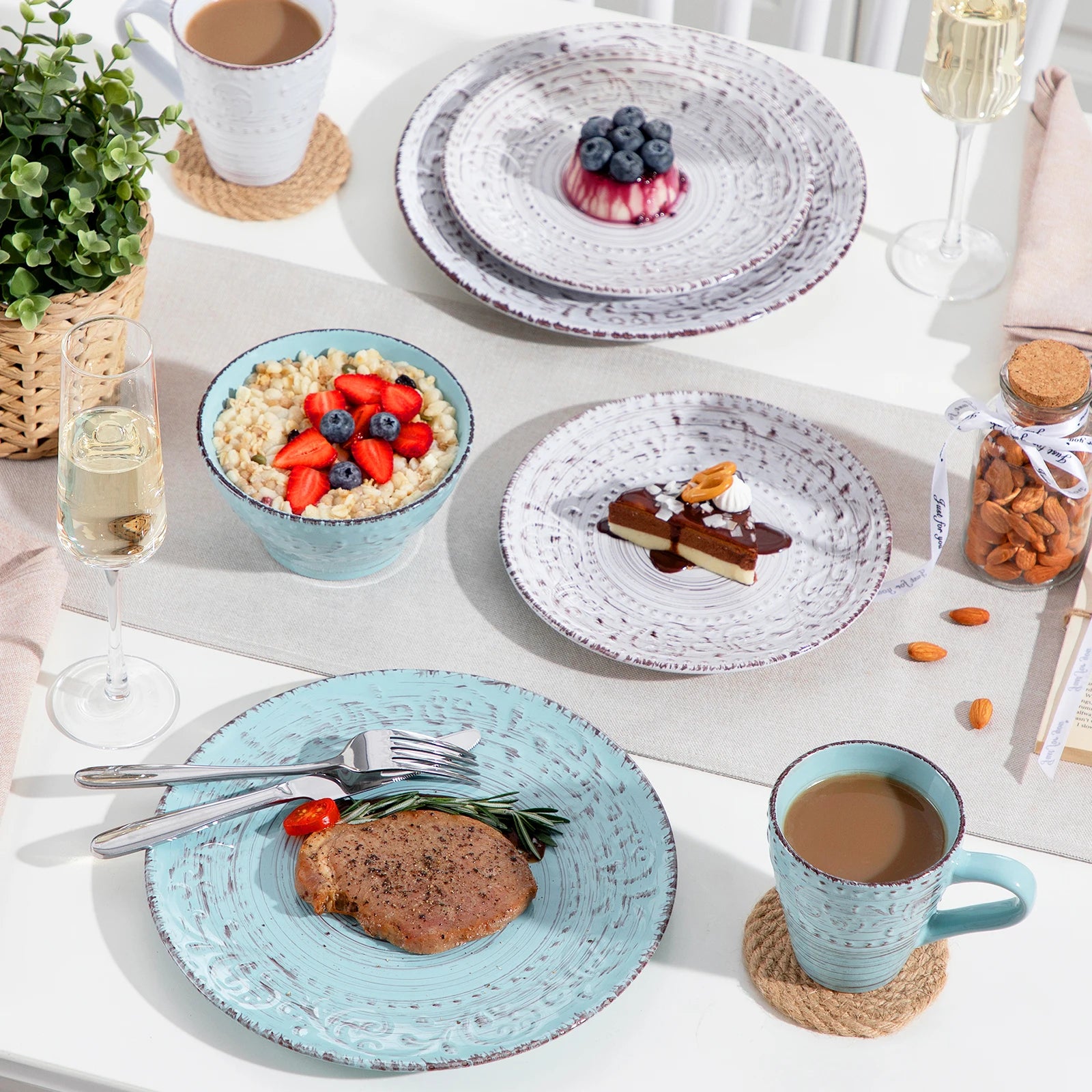 VANCASSO VINE Embossed Stoneware Dinnerware Set – 16/32/48 Pieces, Beige & Blue-Green