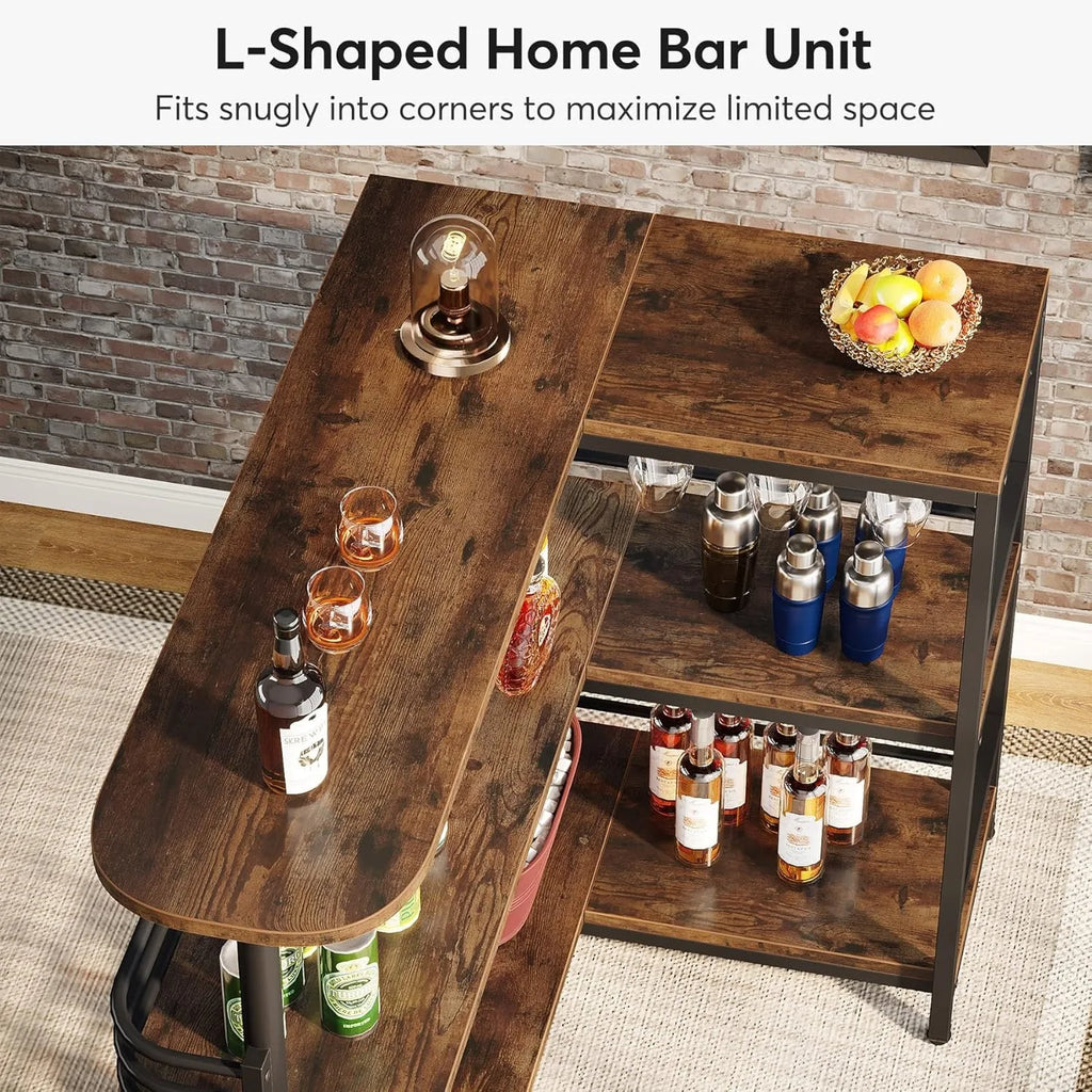 L-shaped home bar unit with shelves and countertop, featuring bottles and glasses.