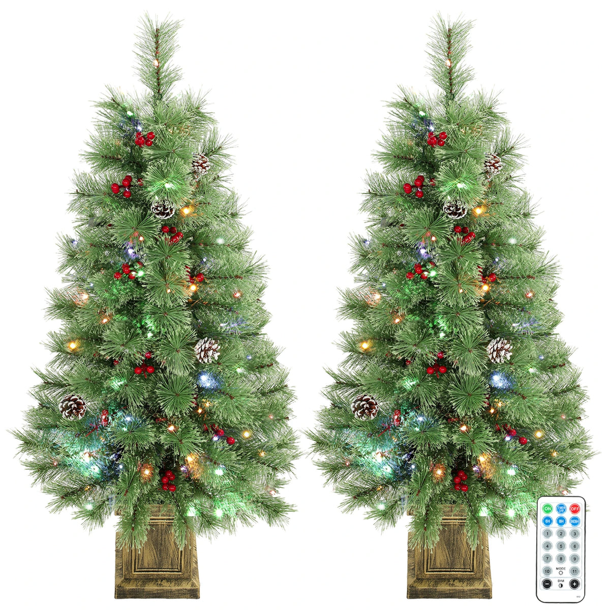 Berryglow set of two pre-lit Christmas trees with berries, pinecones, and decorative pot bases