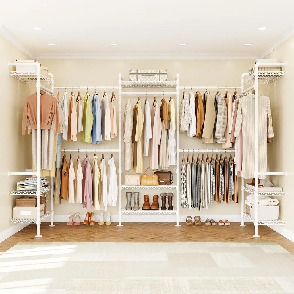 Everhalo white closet system with upper and lower hanging areas and nine shelves.
