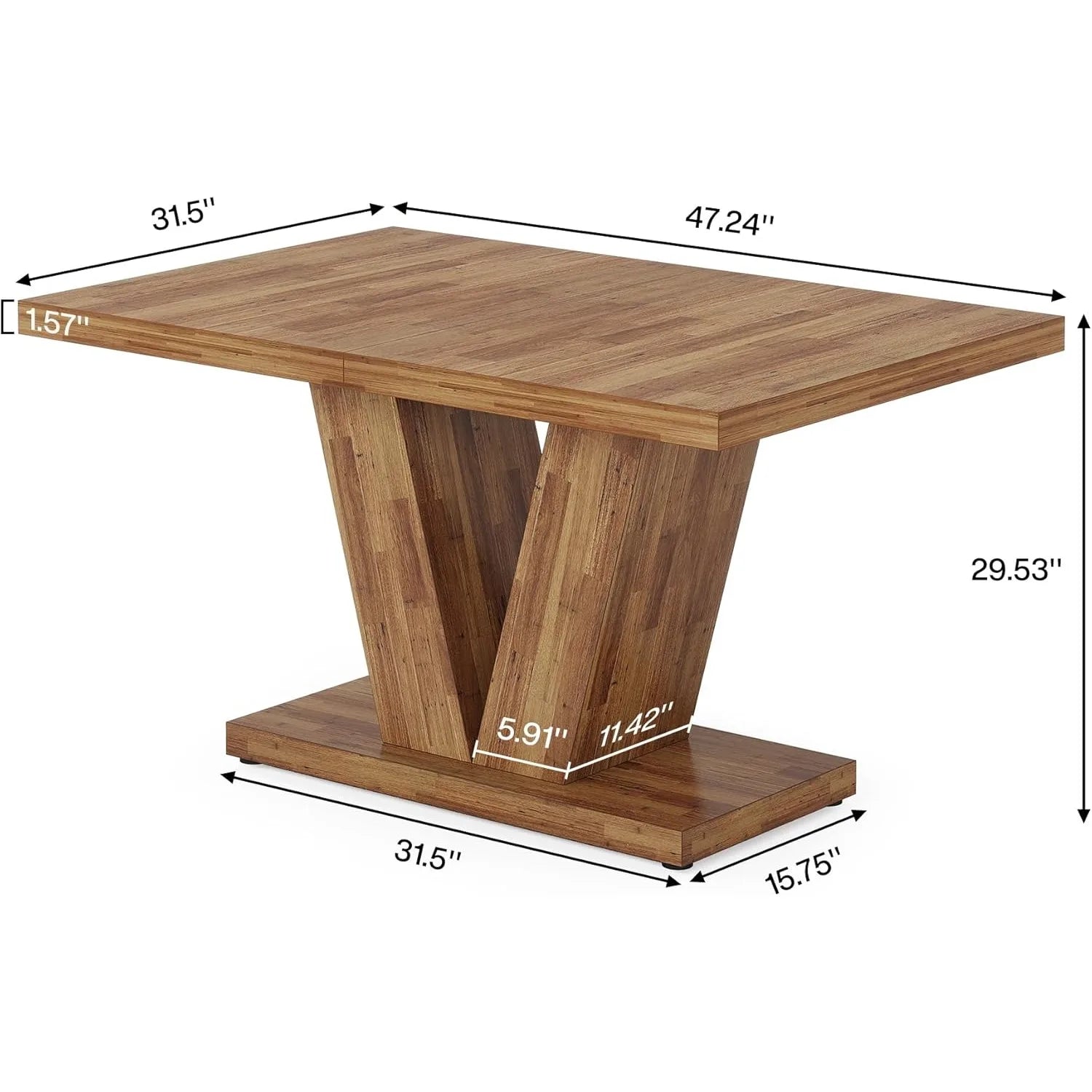 Wooden table with dimensions labeled on a white background