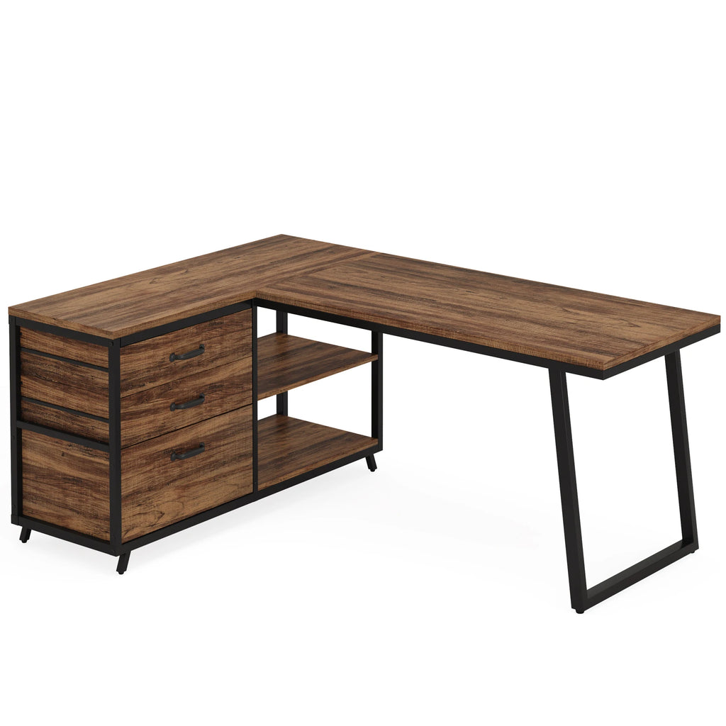 Prismveil L-shaped desk with warm wood-grain storage return