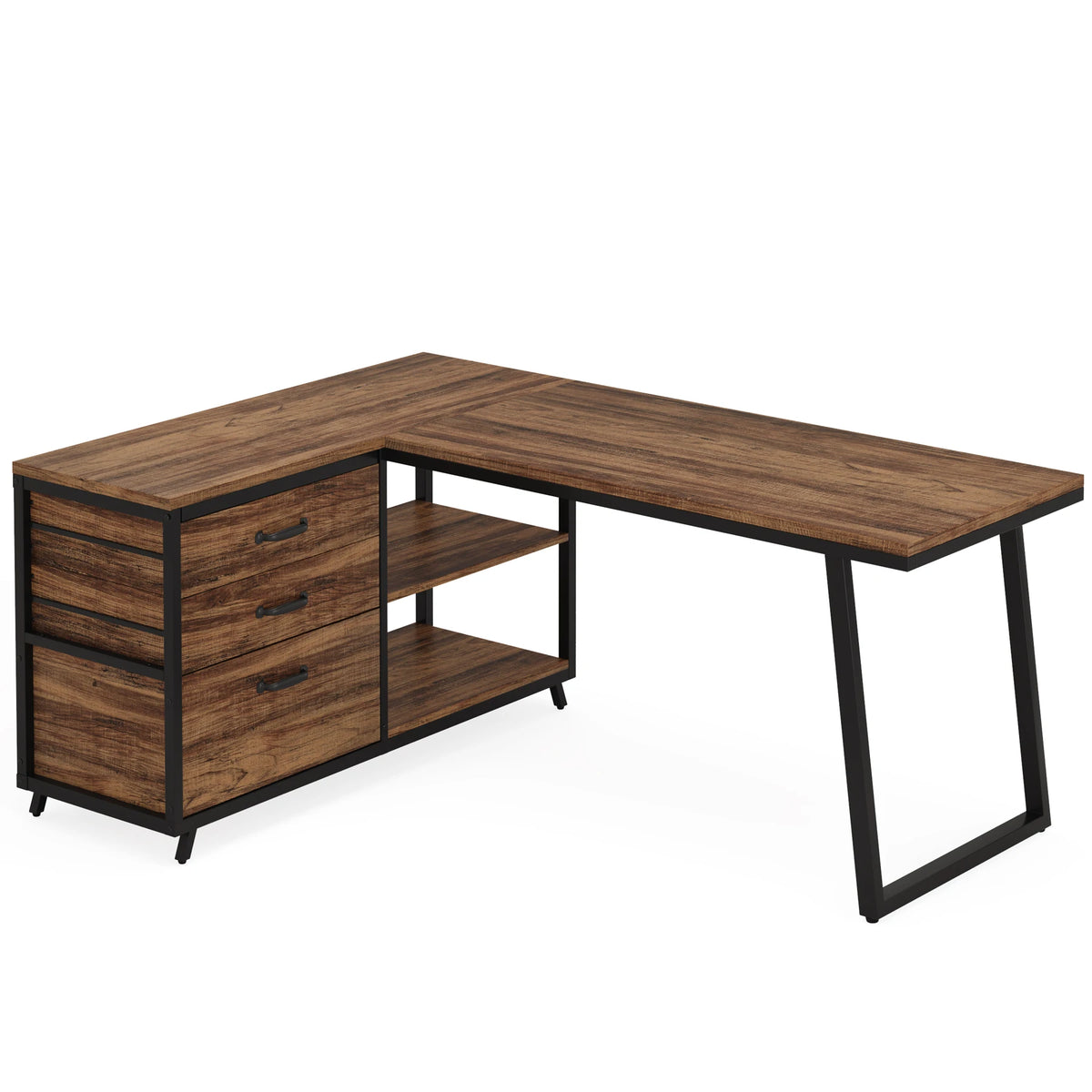 Prismveil L-shaped desk with warm wood-grain storage return