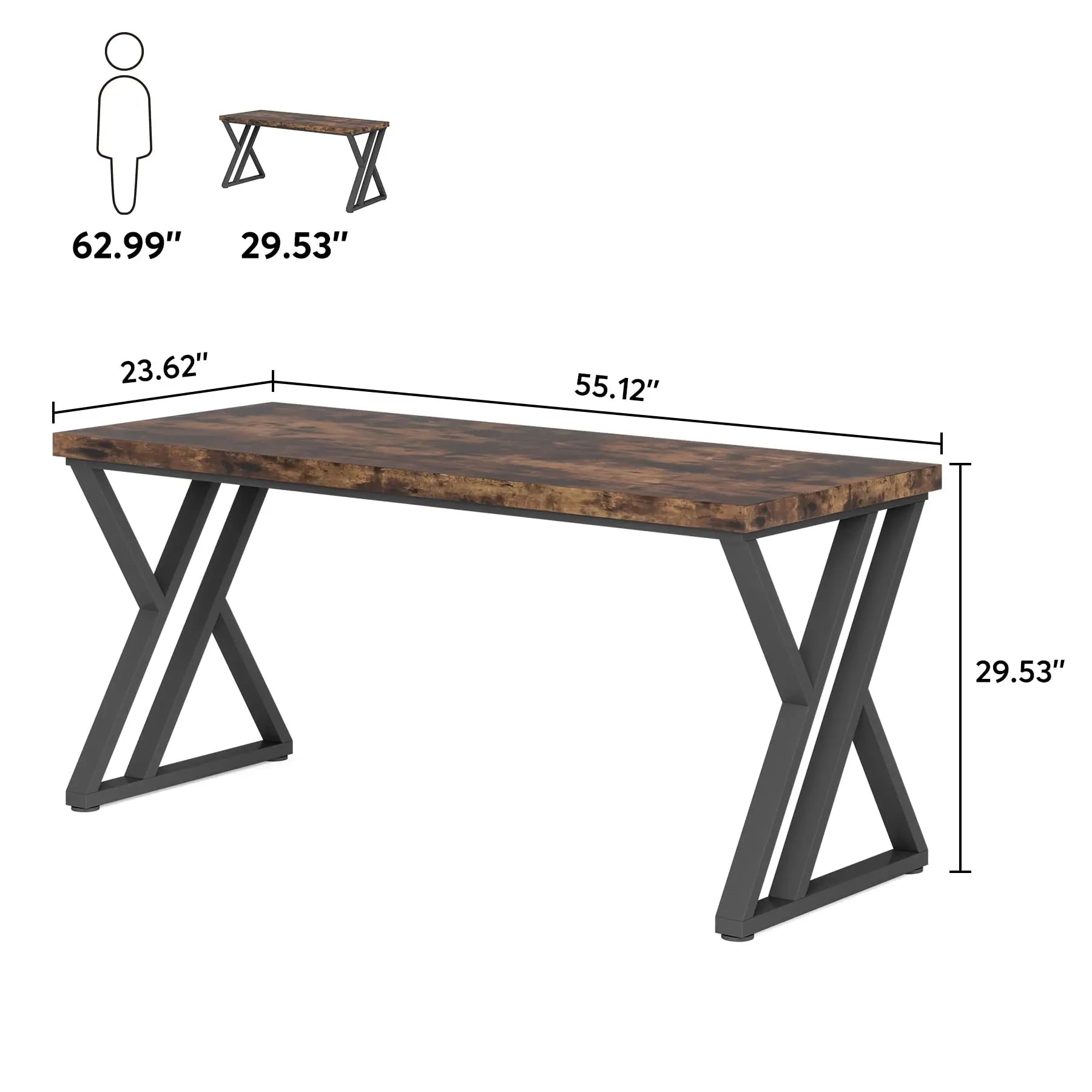 Wooden desk with dimensions labeled on a white background
