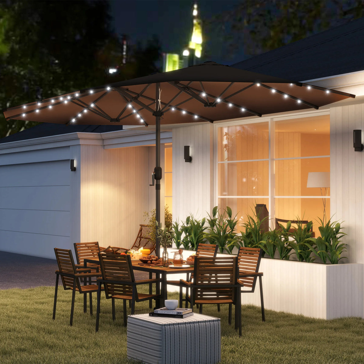 Virello 15' Solar LED Double-Sided Patio Umbrella – Coffee
