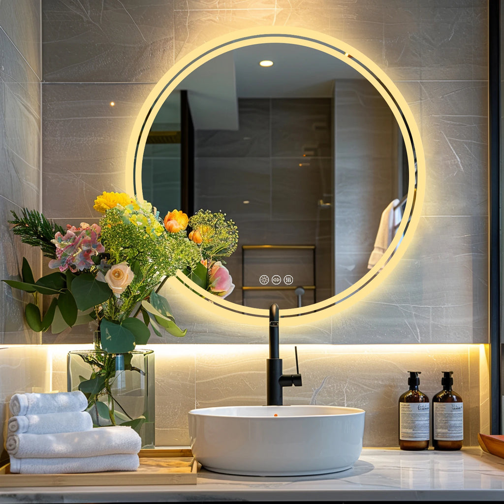 Round LED Bathroom Mirror with Backlit Lighting & Anti-Fog