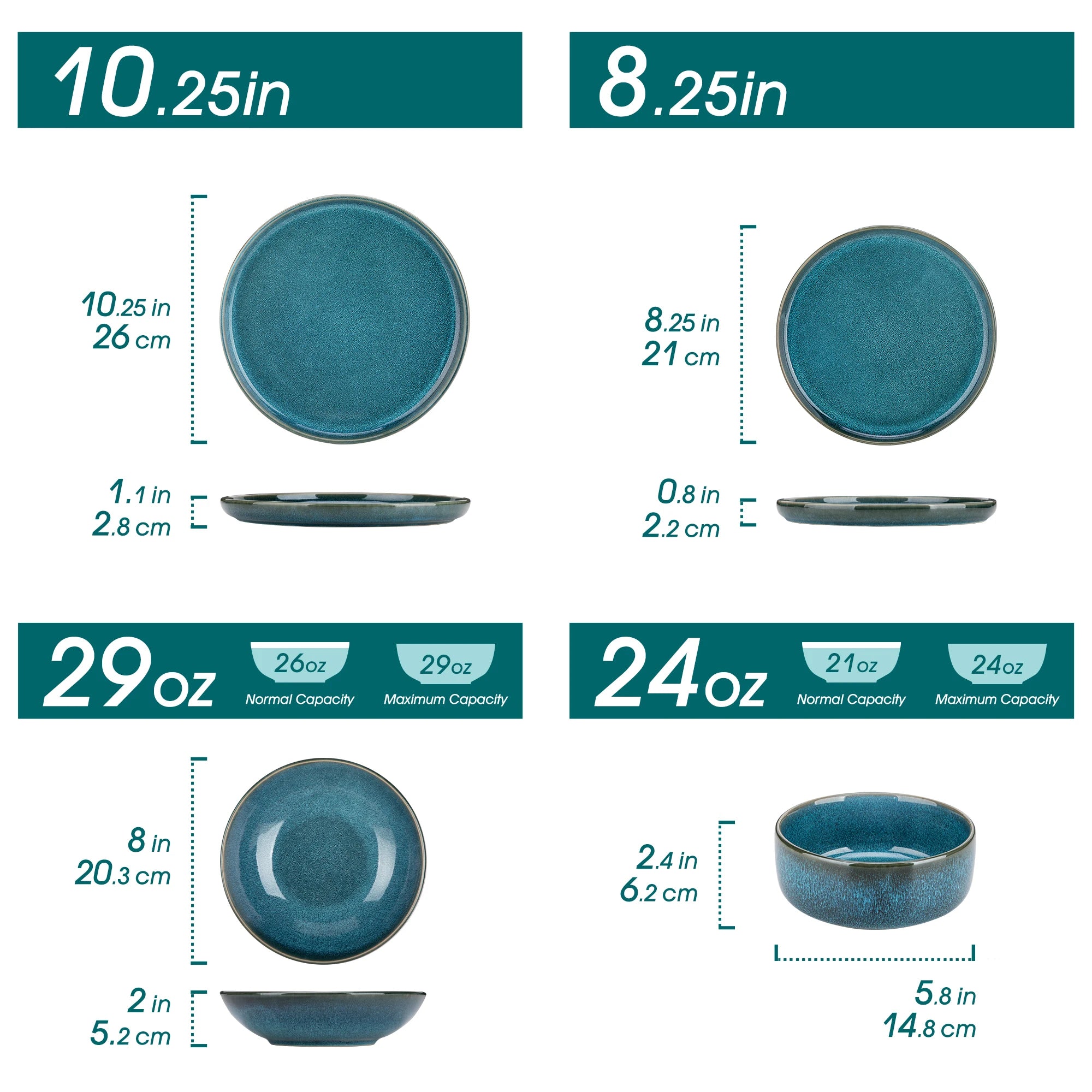 Comparison chart of two blue ceramic bowls with measurements and capacities.