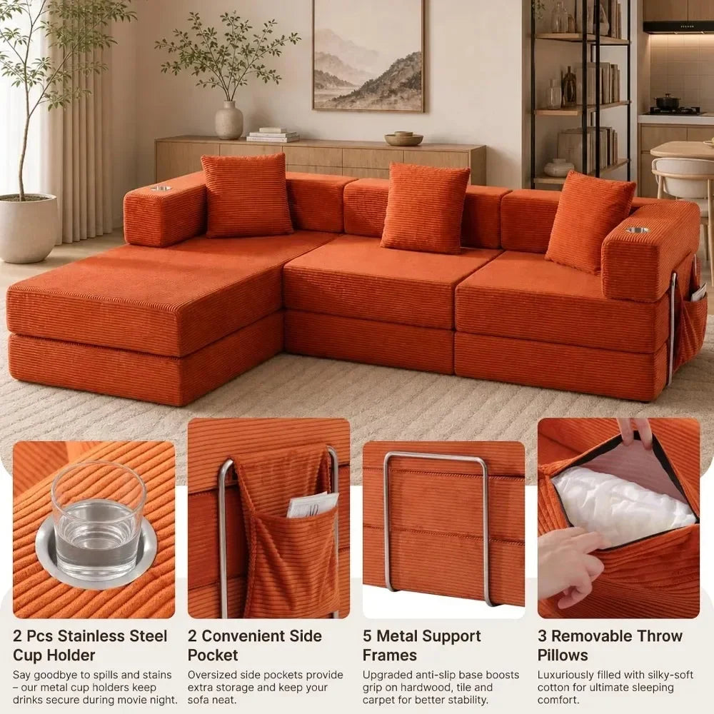 Orange demonstration sectional feature graphic showing two cup holders, two pockets, five metal supports and three pillows
