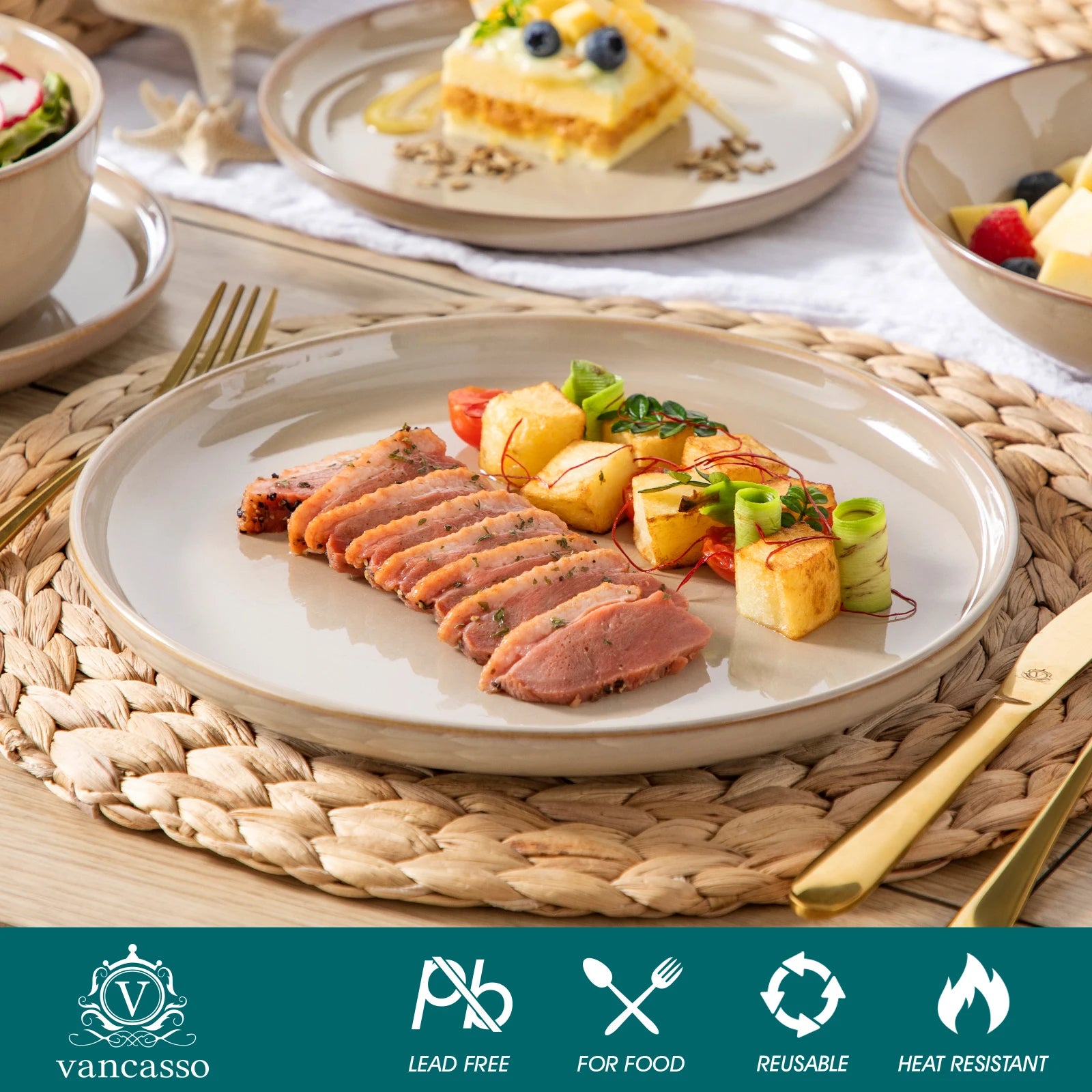 Vancasso PLAYA Series Reactive Glaze Stoneware Dinnerware Set – Light Brown, 12–36 Pieces