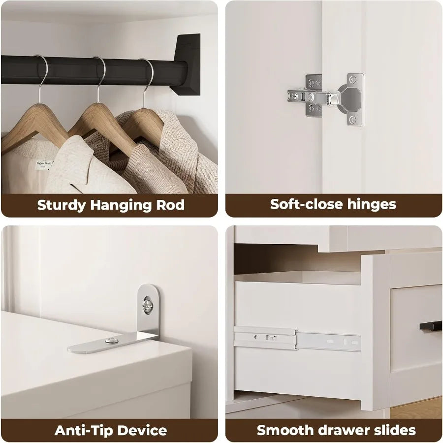 Hardware close-ups of the white armoire rail, soft-close hinge, anti-tip bracket, and metal drawer runner.