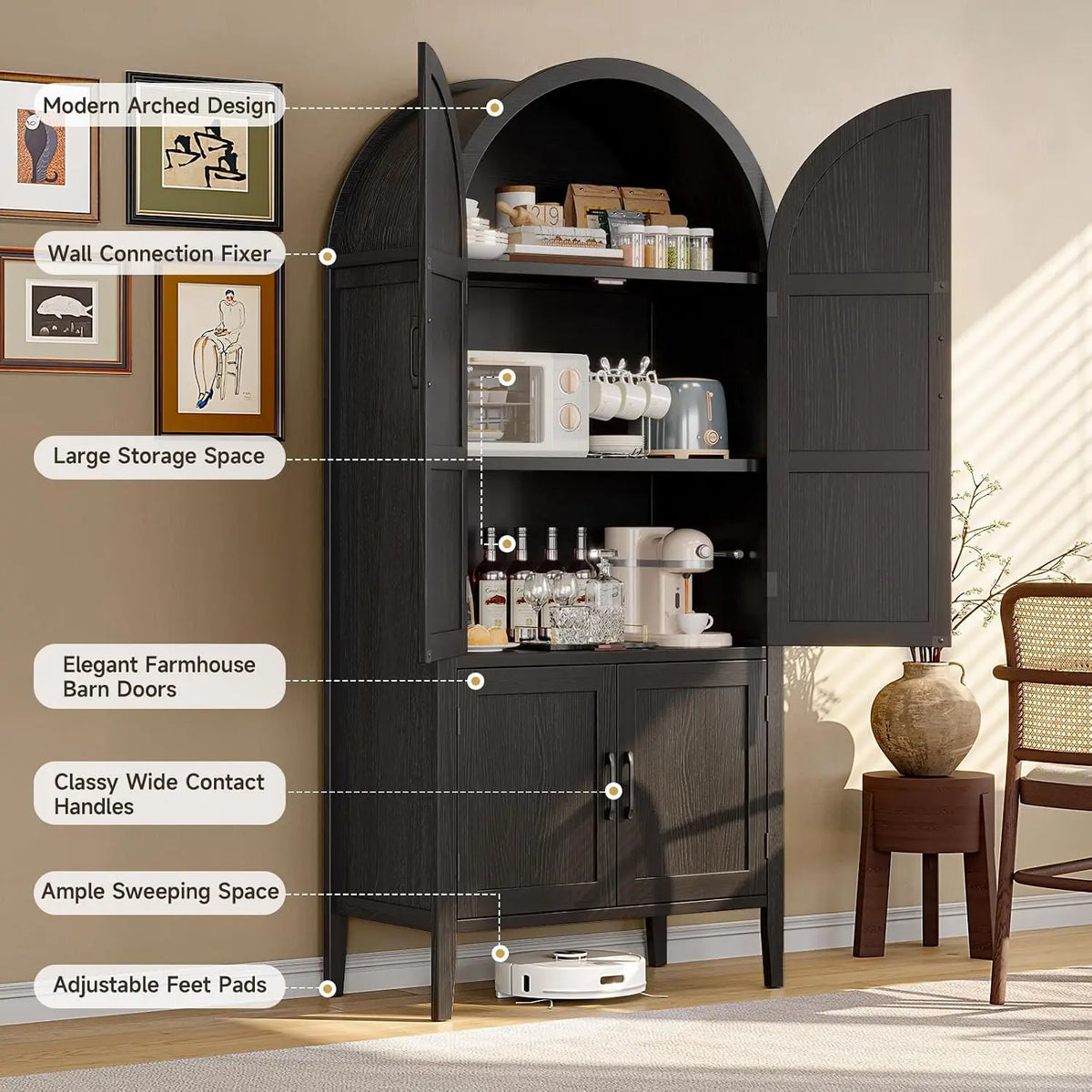 Serenadesong cabinet features showing wall connection, paneled doors and adjustable feet pads