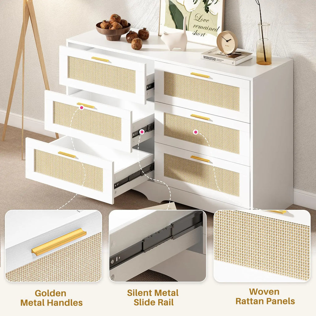 Merewick White open drawers with close-ups of gold-tone metal handles, metal slides and woven panels