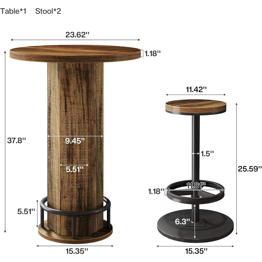 Dimensions of a wooden table and black stool on a white background