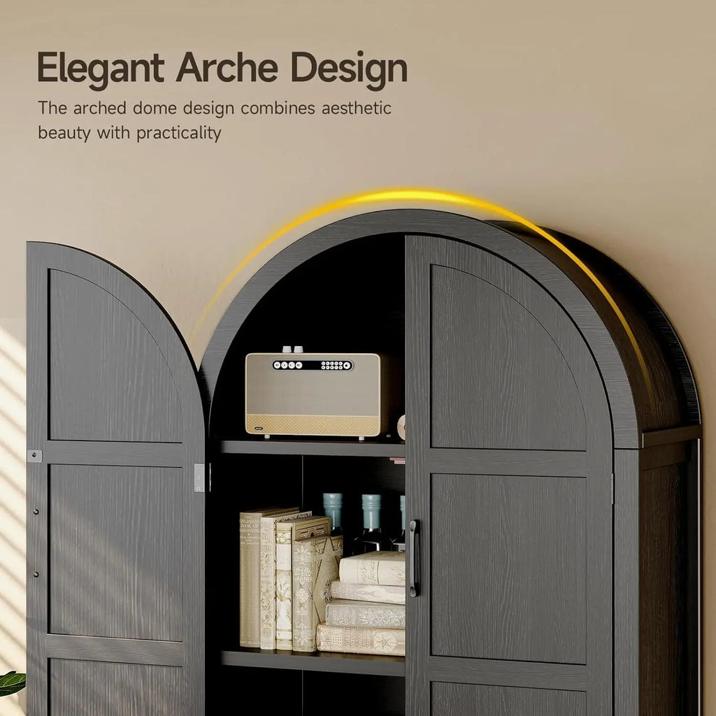 Serenadesong black pantry cabinet with arched upper doors open