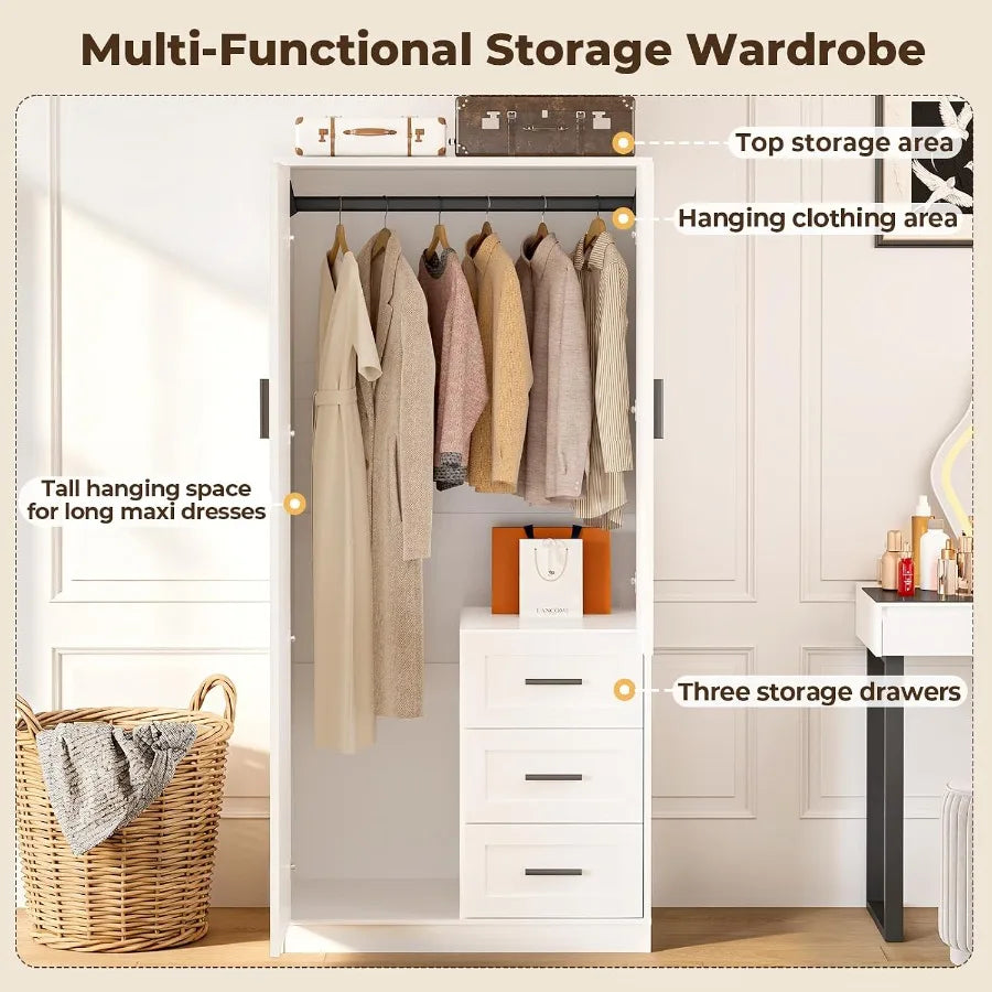 White armoire storage illustration with long dresses in the left section and three drawers on the right.