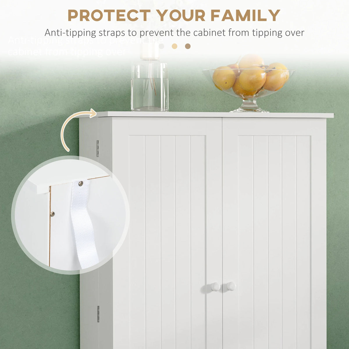 Closed white pantry cabinet with an inset showing a rear anchoring strap.