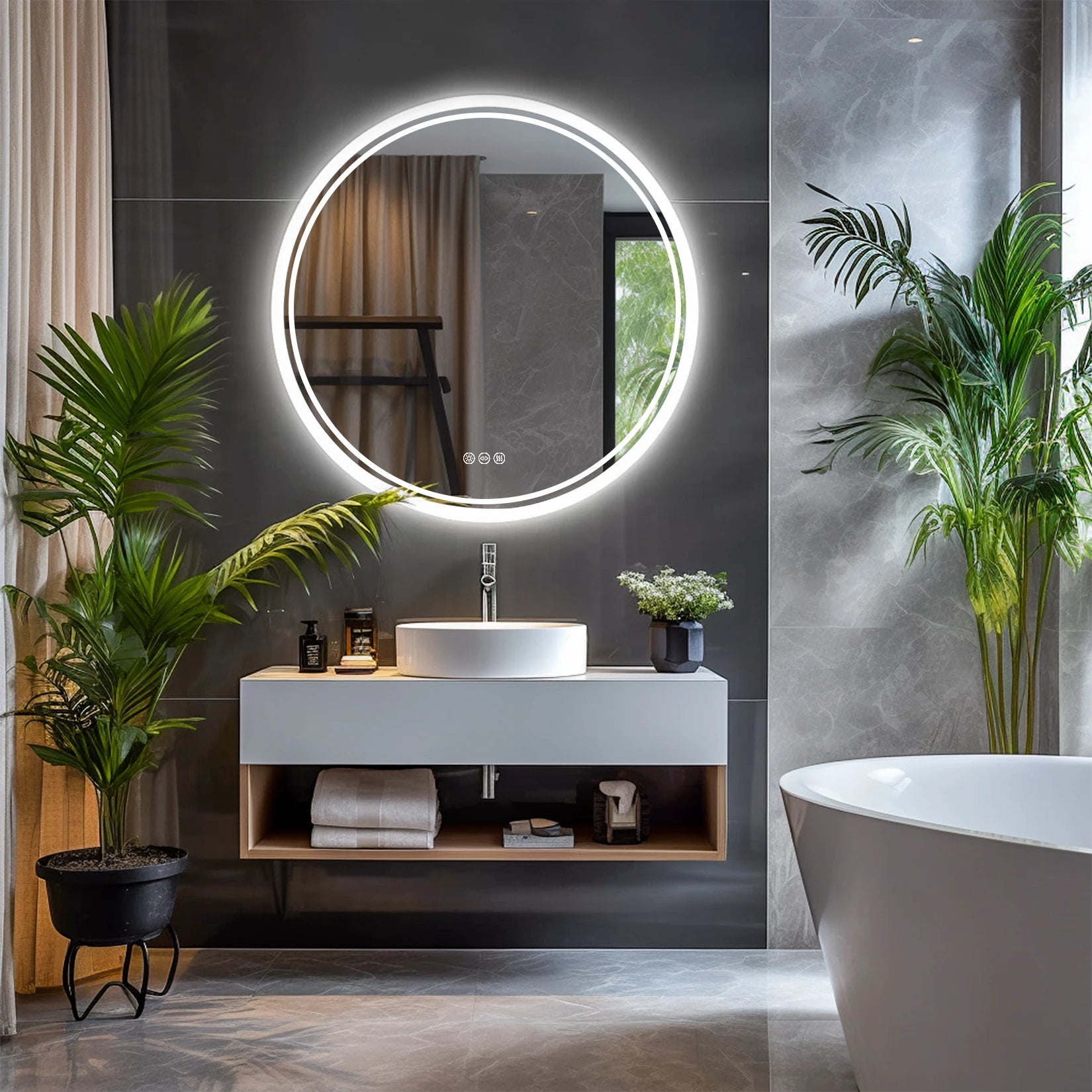 Round LED Bathroom Mirror with Backlit Lighting & Anti-Fog