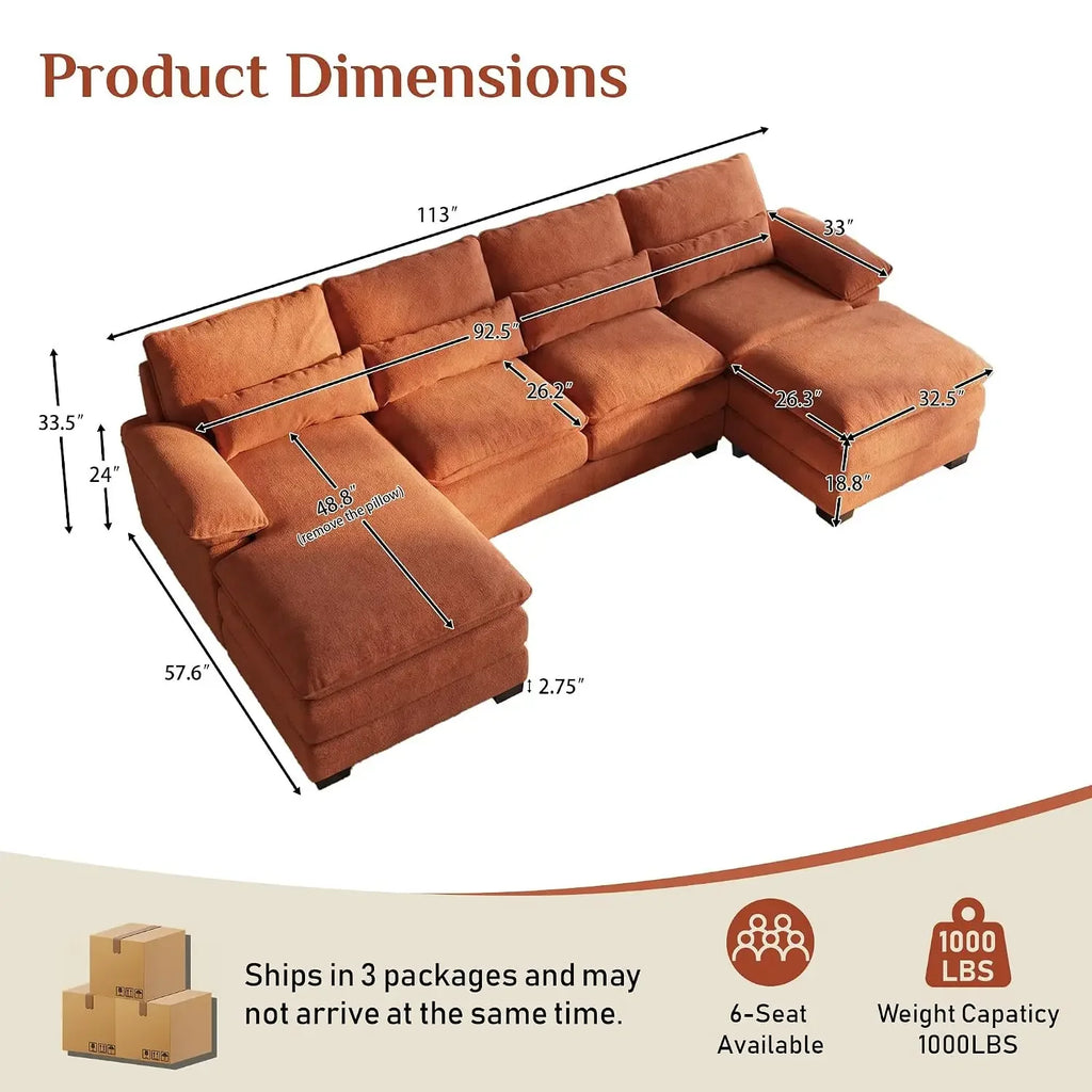 Halewyn Orange sectional diagram showing 113-inch width, 33.5-inch height and 57.6-inch left-chaise projection