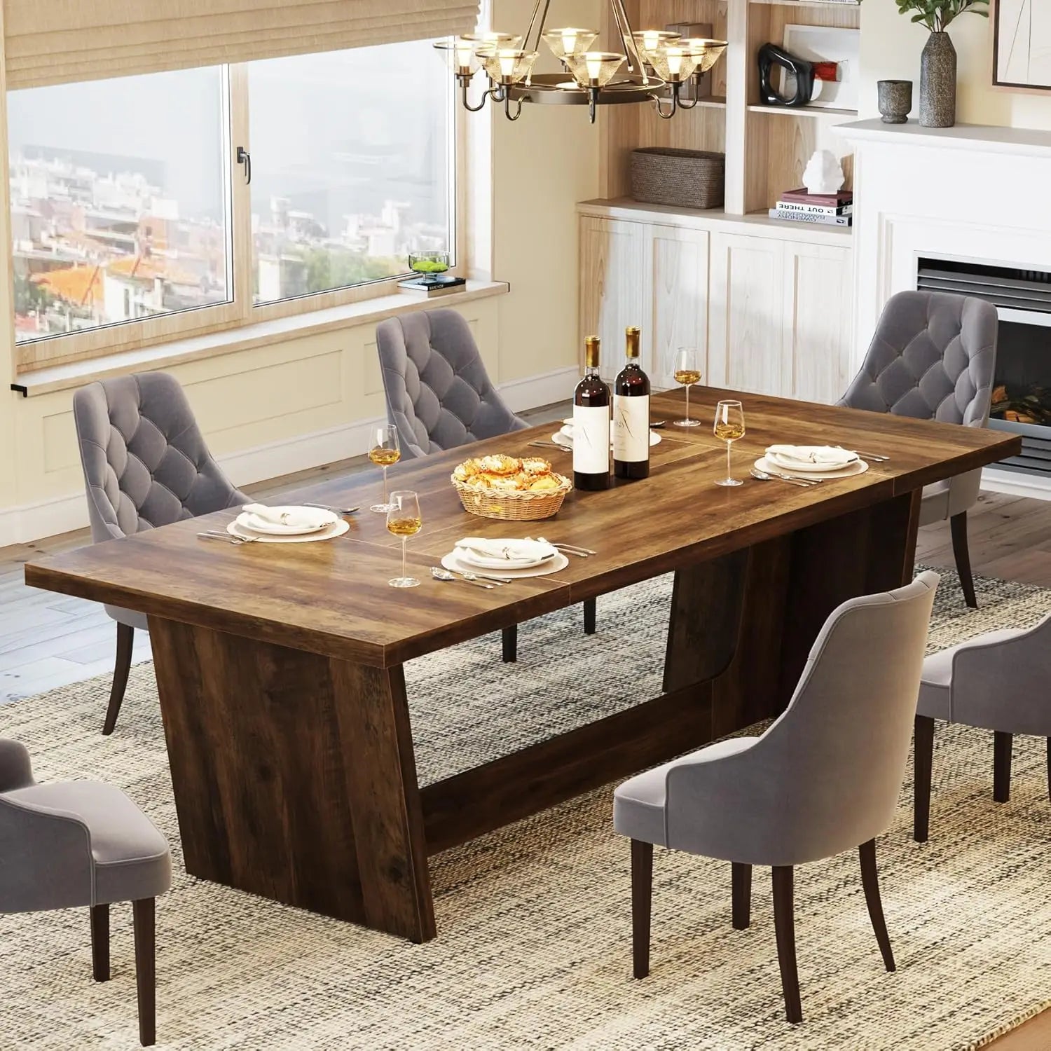 Rectangular Dining Table with Modern Trestle Base