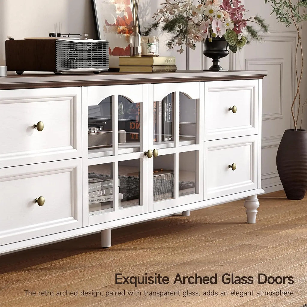 Close-up of Fawnarc White arched glass cabinet doors and round knobs.