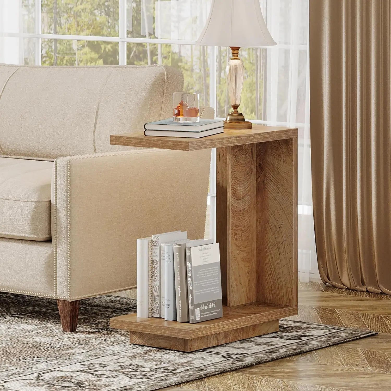 Rustic Pedestal C-Shaped Side Table