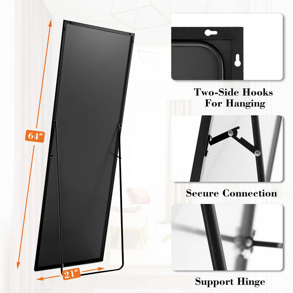 Sageecho mirror rear view showing 64-inch height, 21-inch width, hanging slots, support hinges, and folding stand