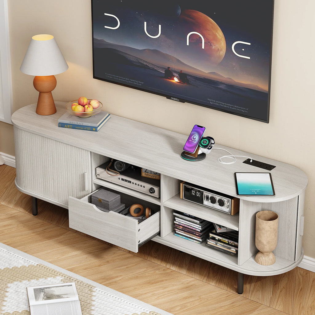 Sunbeamsong White TV stand with open center drawer, curved storage and top-mounted power station