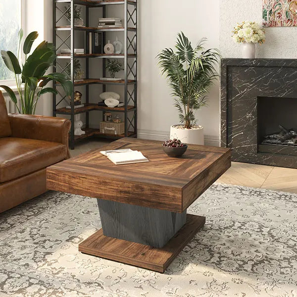Living room with brown leather sofa, wooden coffee table, and fireplace.
