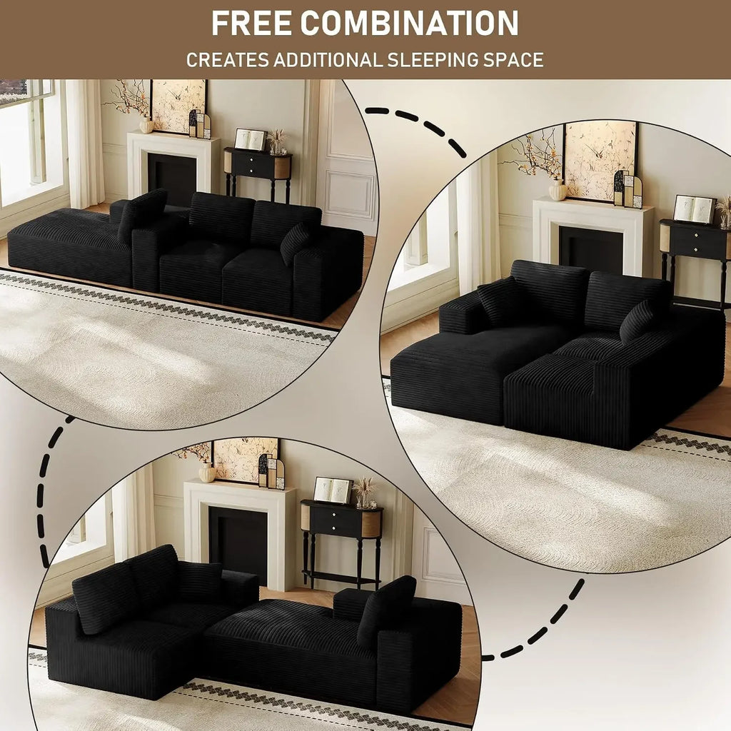 Linvere charcoal modular sofa shown in several alternative seating configurations