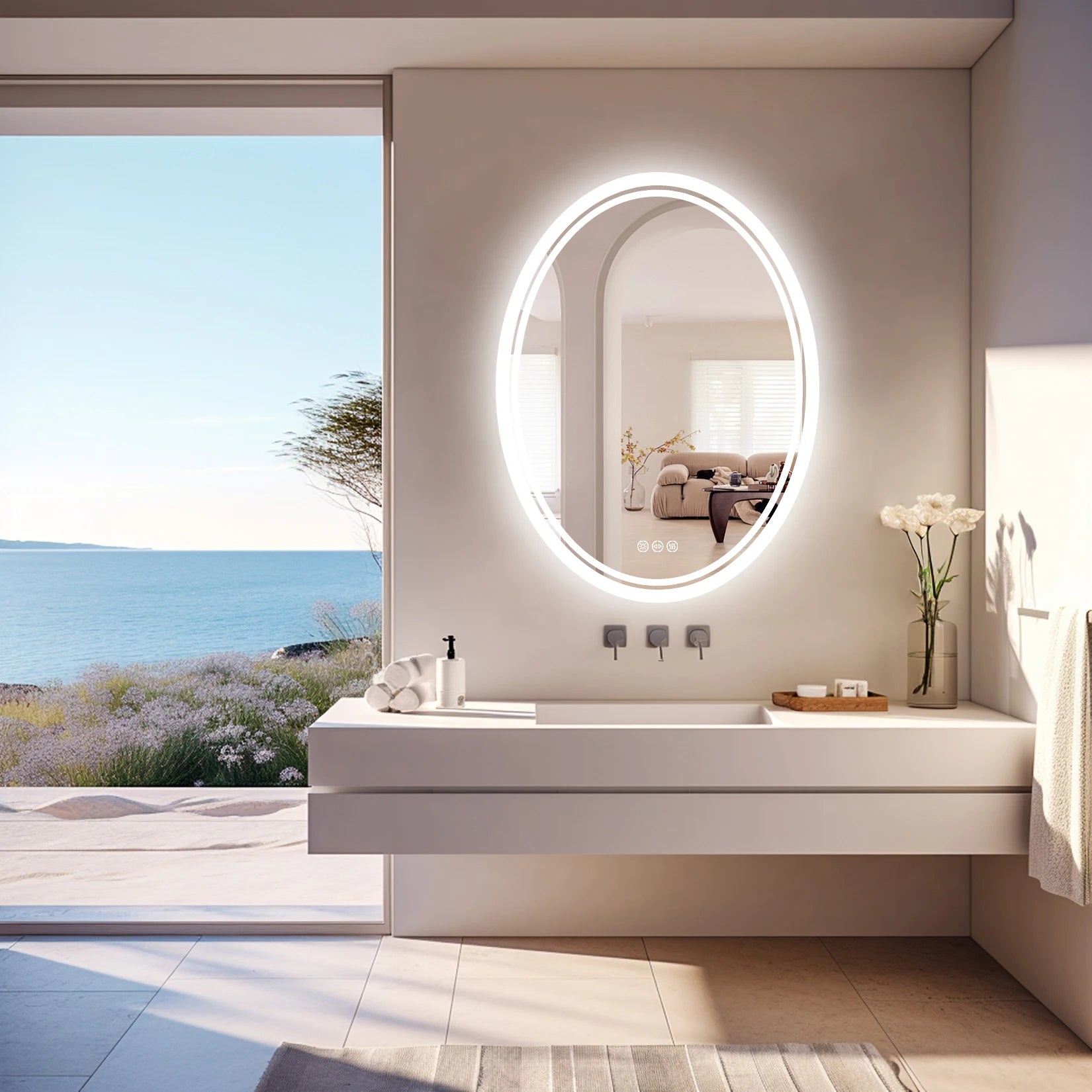 Oval LED Backlit Bathroom Mirror – Anti-Fog, Touch Sensor, Silver Finish