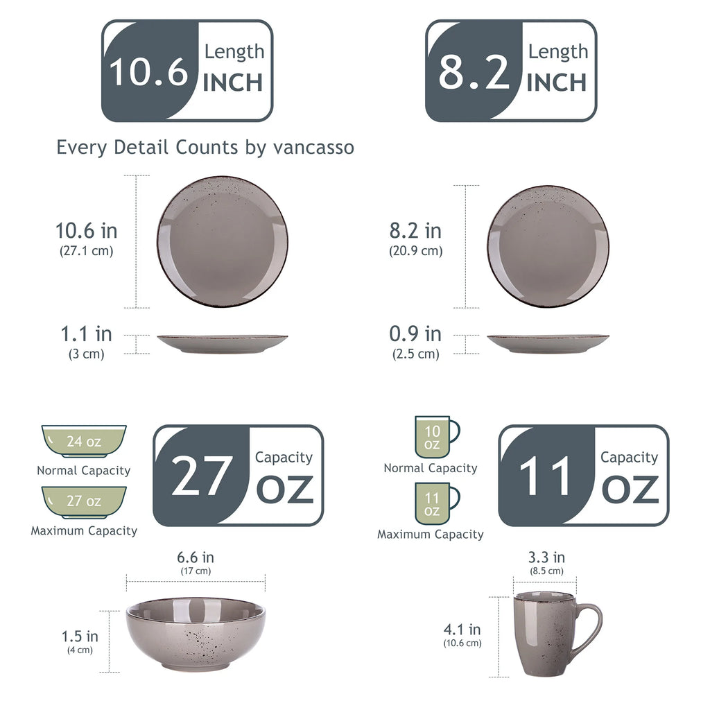 Measurement chart for vancasso ceramic plates, bowls, and mugs with dimensions and capacities.