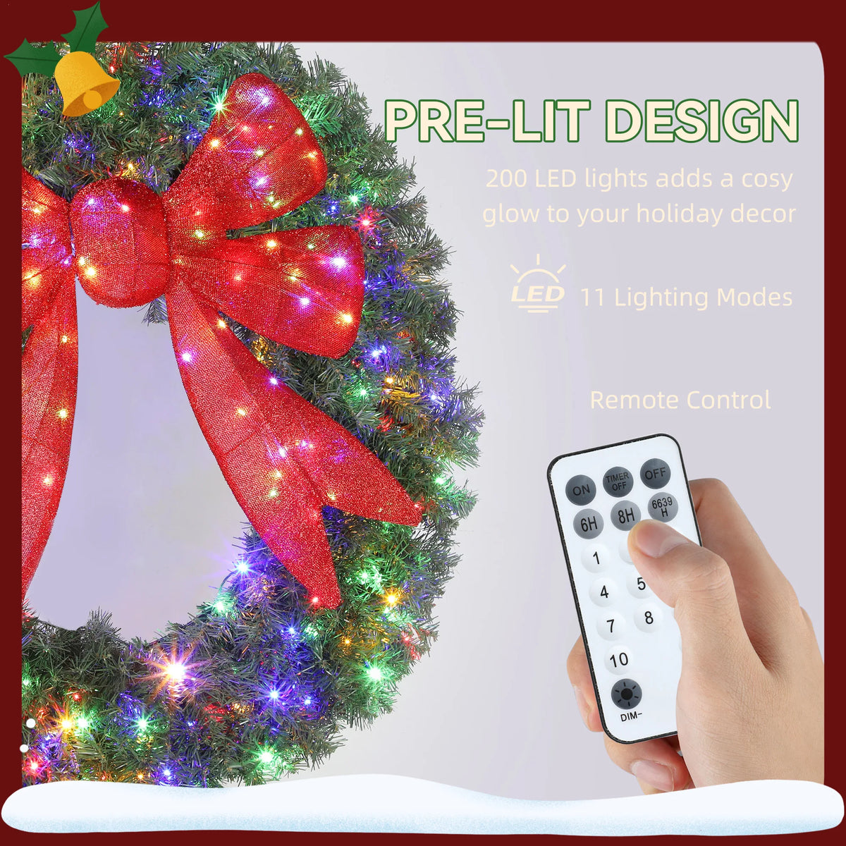 Frostbow pre-lit wreath with 200 LEDs, 11 lighting modes, and remote control