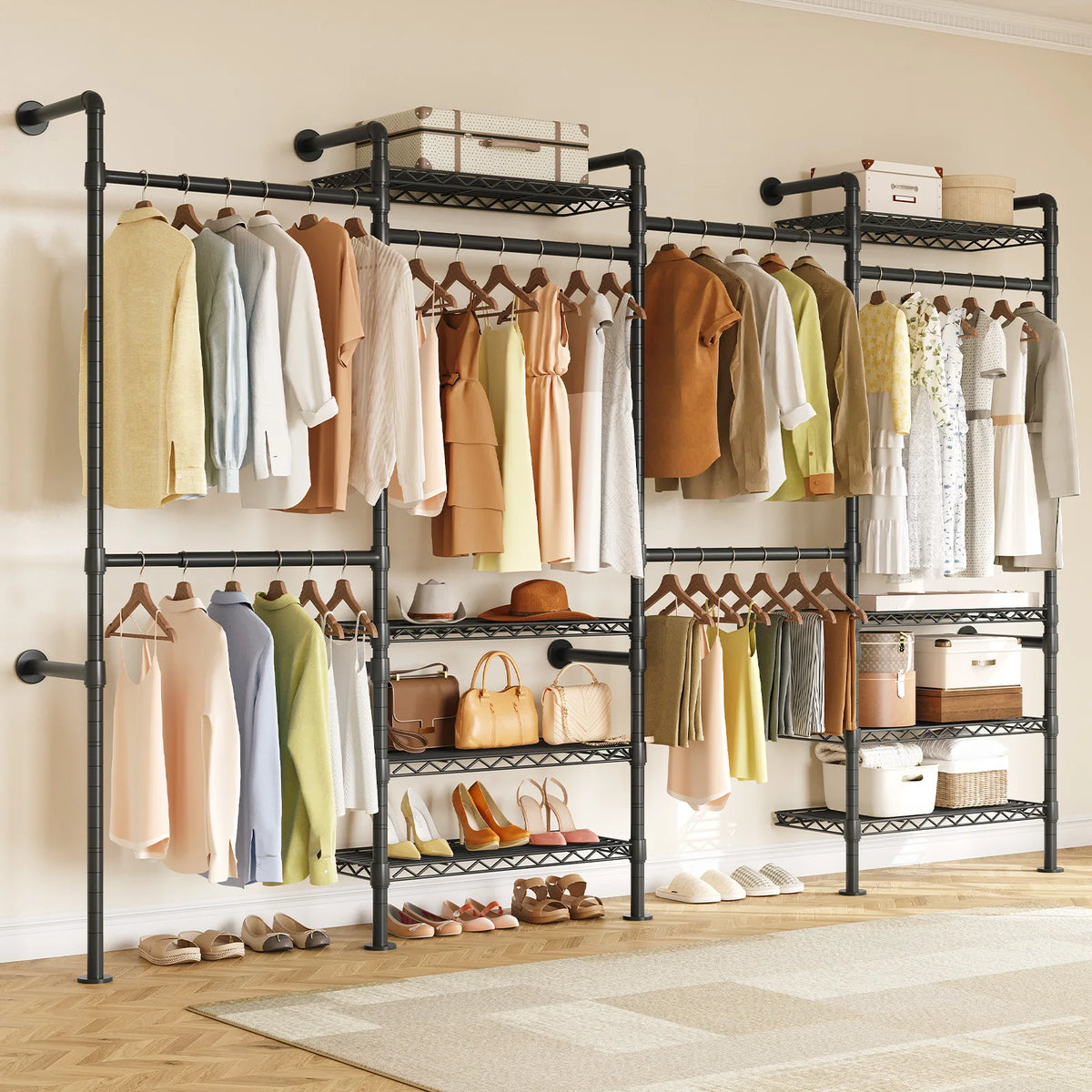 Amberecho black expandable wall-mounted closet system with hanging clothes and mesh shelves