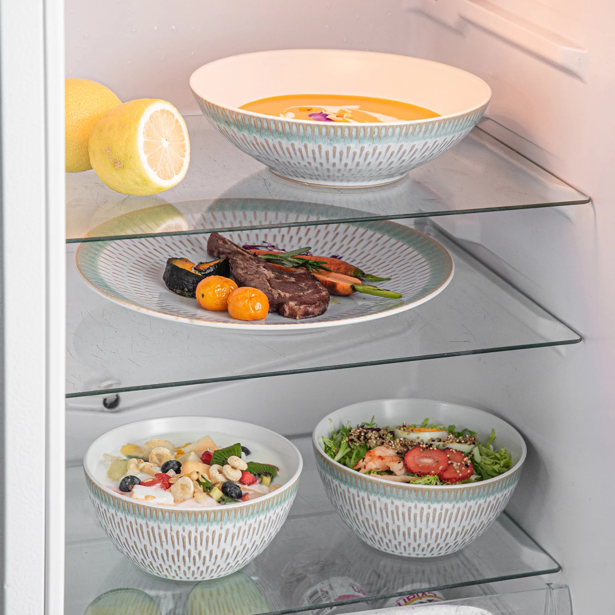 VANCASSO Pluvo Spring Series Stoneware Dinnerware Set – Green Trim, 16/32/48 Pieces