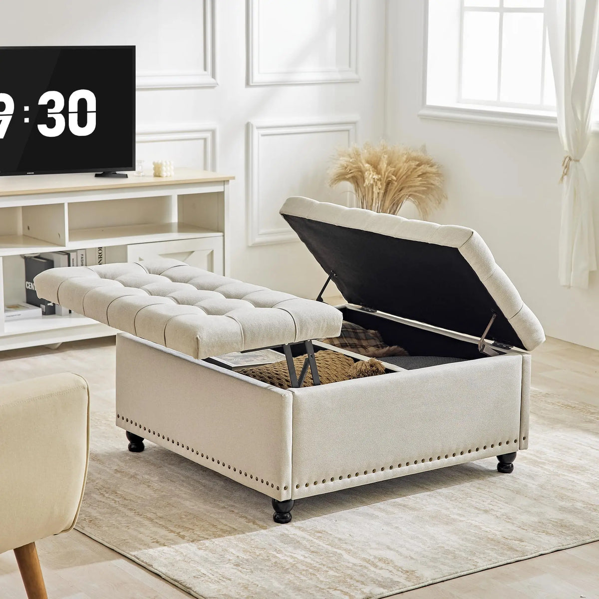 Hearthlift Beige option with textured fabric upholstery and button-tufted top.