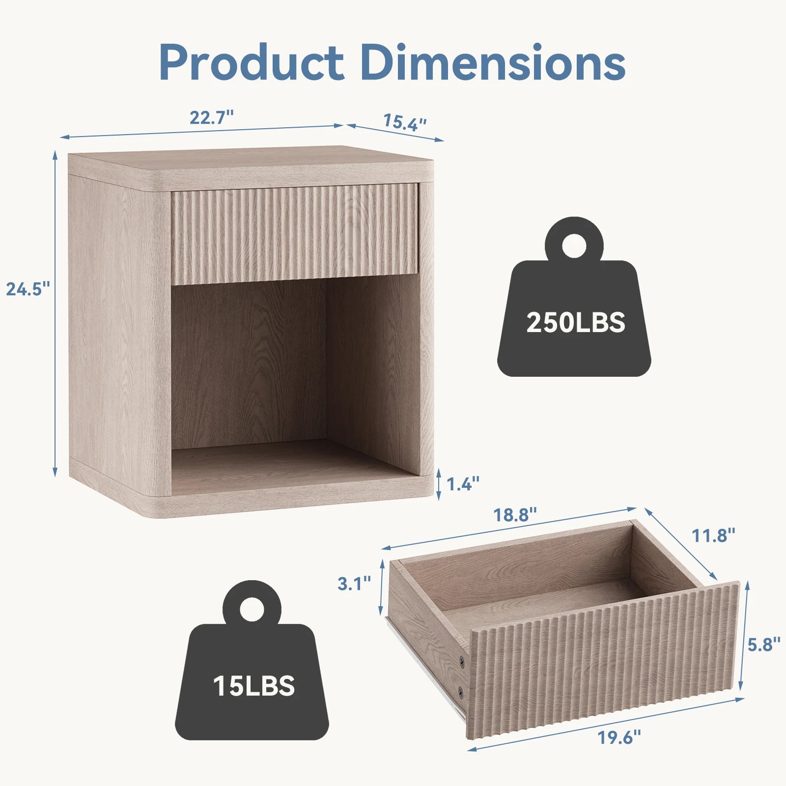 Product dimensions of a wooden side table with weight capacity indicators.
