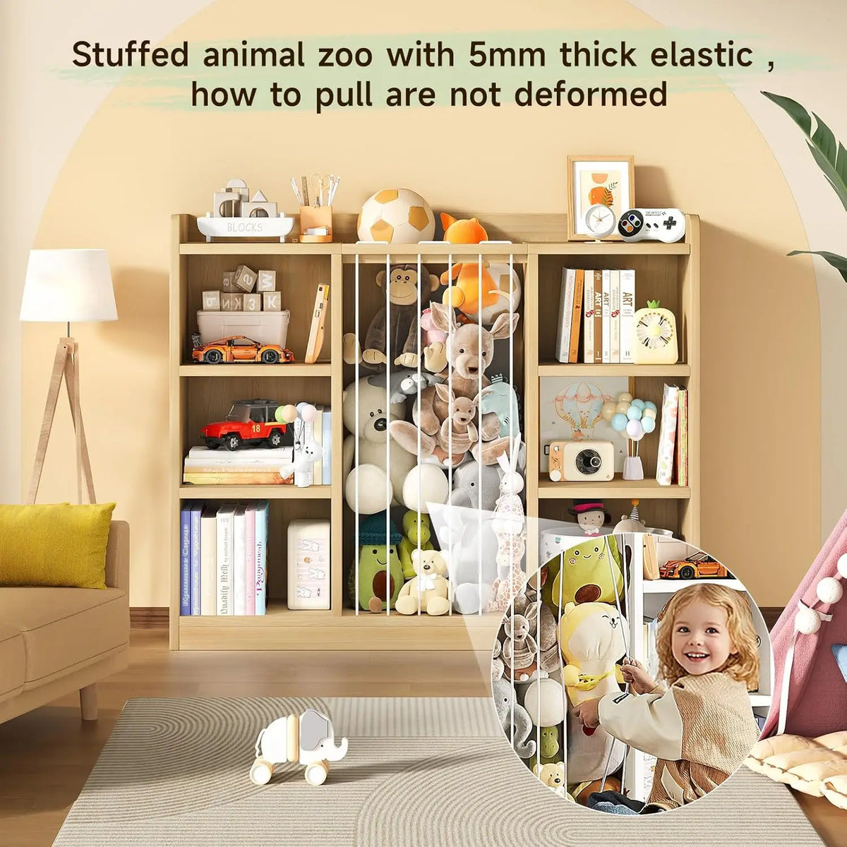 Light Yellow toy organizer with elastic cords across the central stuffed-animal compartment and six open side cubbies.