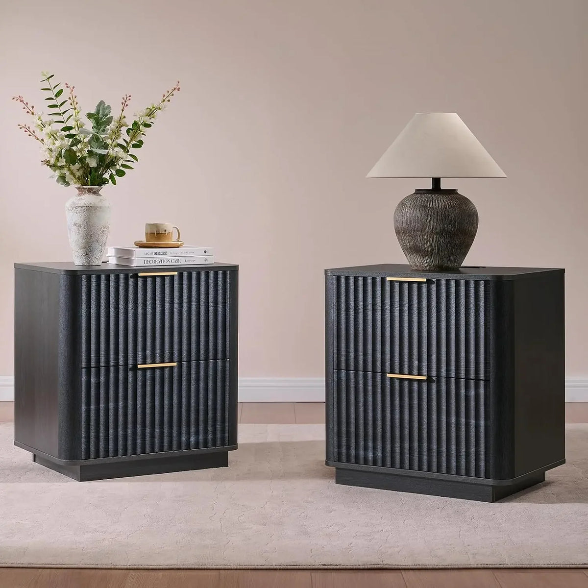 Lucentarc black pair of fluted nightstands with two drawers each.