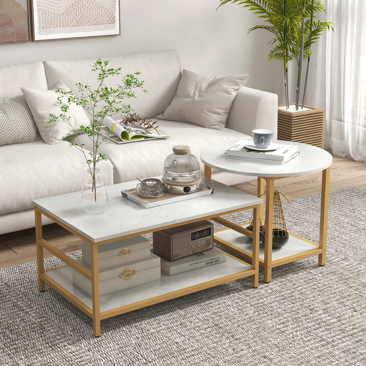 Gildmere rectangular and round tables arranged together beside a sofa