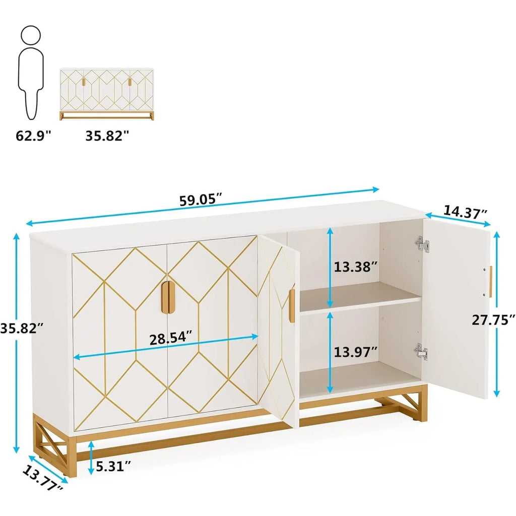 White cabinet with gold geometric designs and dimensions labeled on a white background