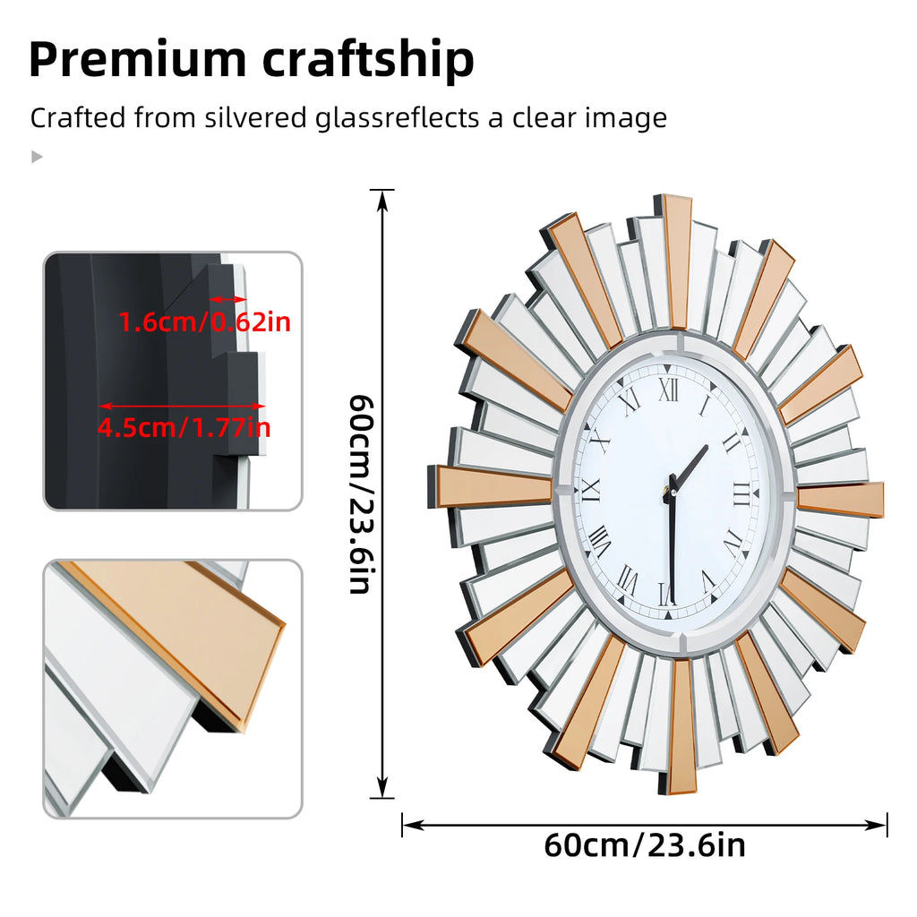 Decorative wall clock with silvered glass design, measurements, and text about premium craftsmanship.