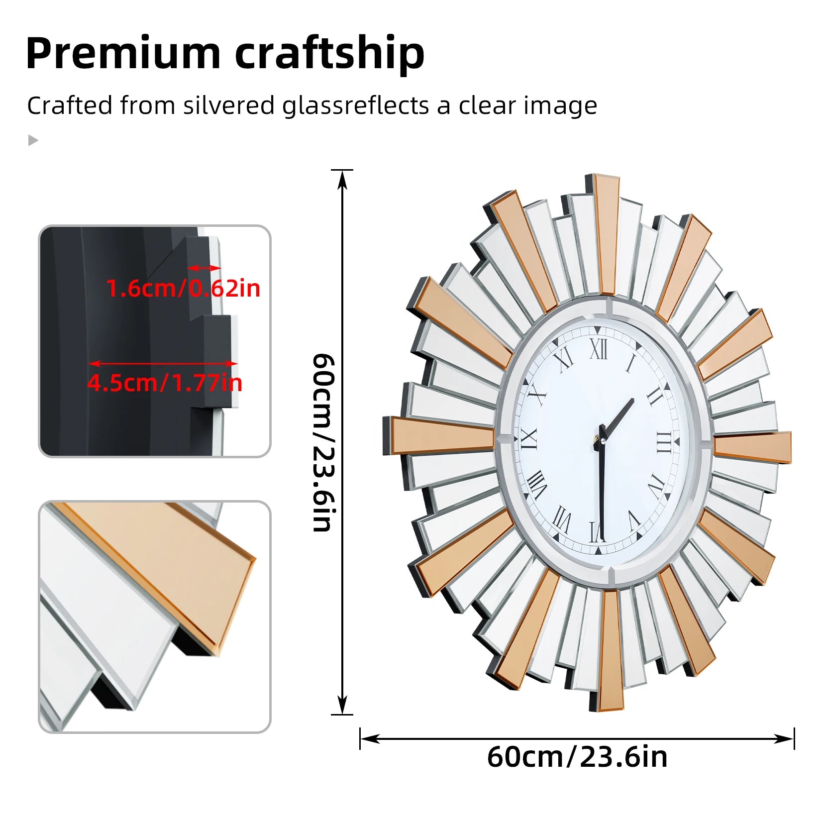 Decorative wall clock with silvered glass design, measurements, and text about premium craftsmanship.