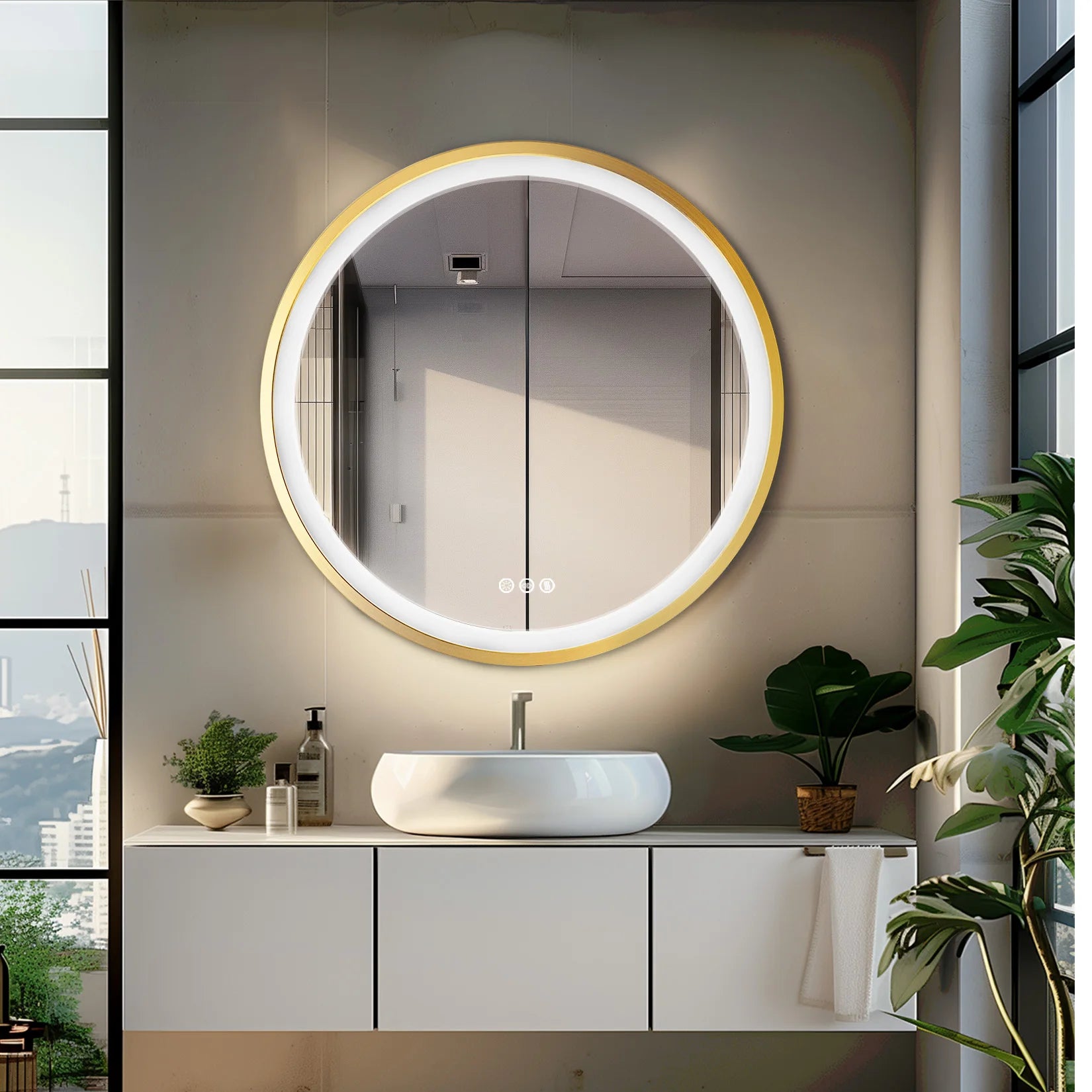 Round LED Bathroom Mirror – Gold Aluminum Frame, Anti-Fog