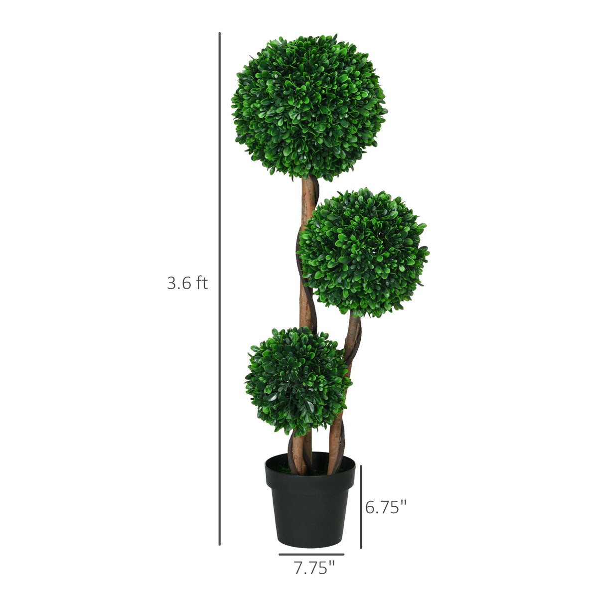 Rhymecharm topiary dimension diagram showing 3.6-foot height including pot