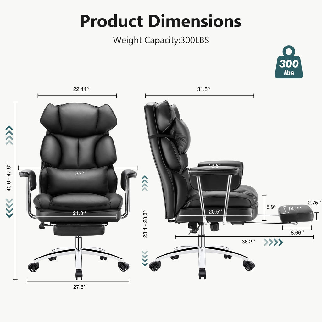 Black office chair with dimensions and weight capacity displayed on a white background