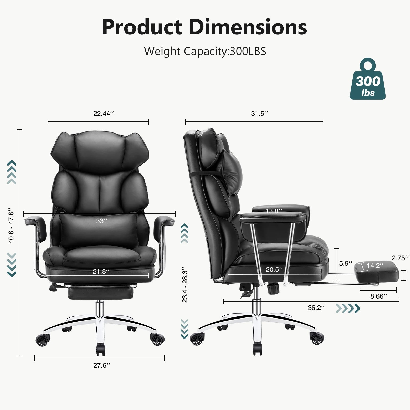 Black office chair with dimensions and weight capacity displayed on a white background