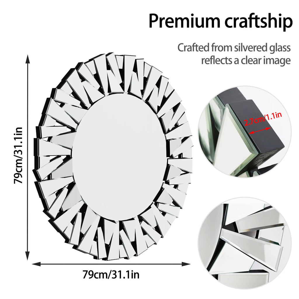 Round mirror with decorative silver frame, dimensions, and material details on a white background.