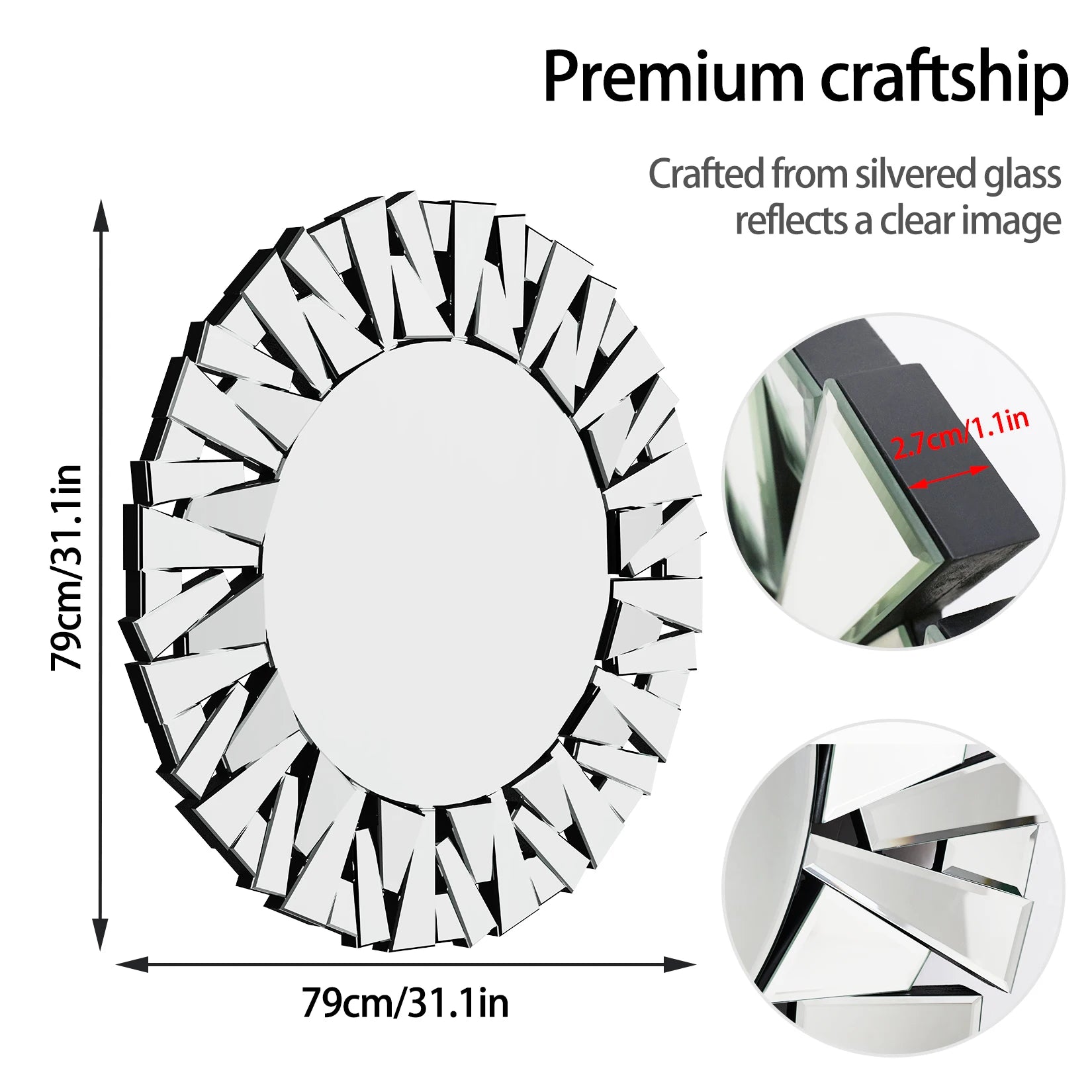 Round mirror with decorative silver frame, dimensions, and material details on a white background.